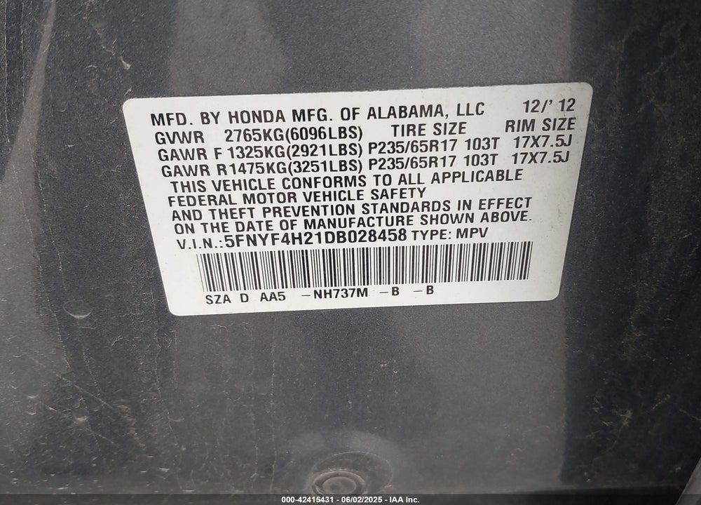 2013 HONDA PILOT VIN: 5FNYF4H21DB028458