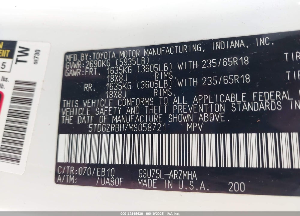2021 TOYOTA HIGHLANDER VIN: 5TDGZRBH7MS058721