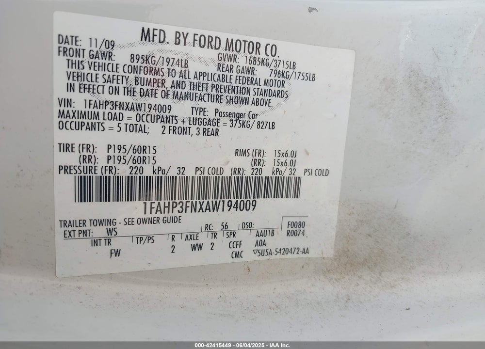2010 FORD FOCUS VIN: 1FAHP3FNXAW194009