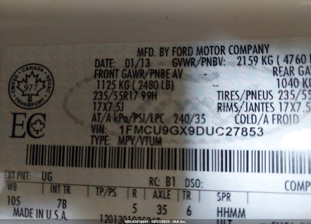 2013 FORD ESCAPE SE VIN: 1FMCU9GX9DUC27853