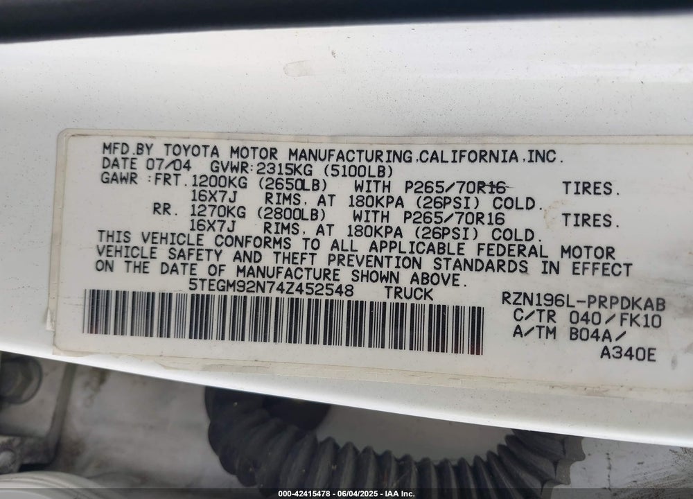 2004 TOYOTA TACOMA PRERUNNER VIN: 5TEGM92N74Z452548