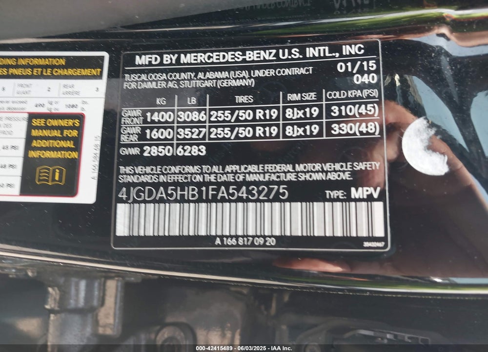 2015 MERCEDES-BENZ ML 350 VIN: 4JGDA5HB1FA543275