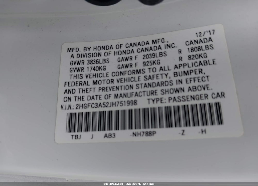2018 HONDA CIVIC SI VIN: 2HGFC3A52JH751998