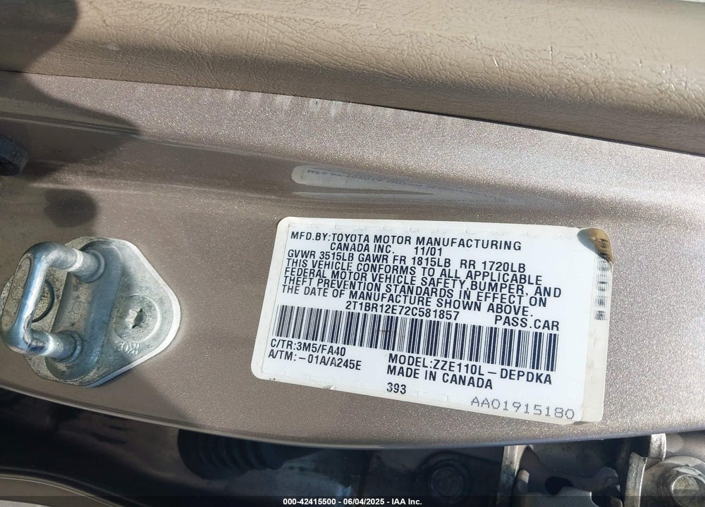2002 TOYOTA COROLLA LE VIN: 2T1BR12E72C581857