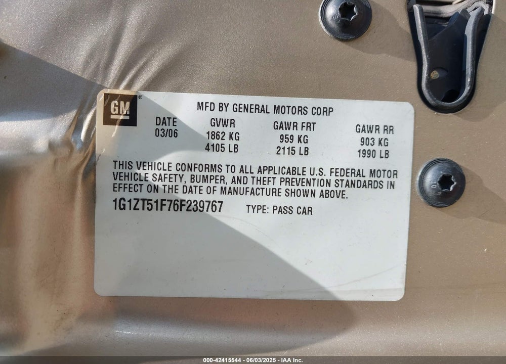 2006 CHEVROLET MALIBU VIN: 1G1ZT51F76F239767