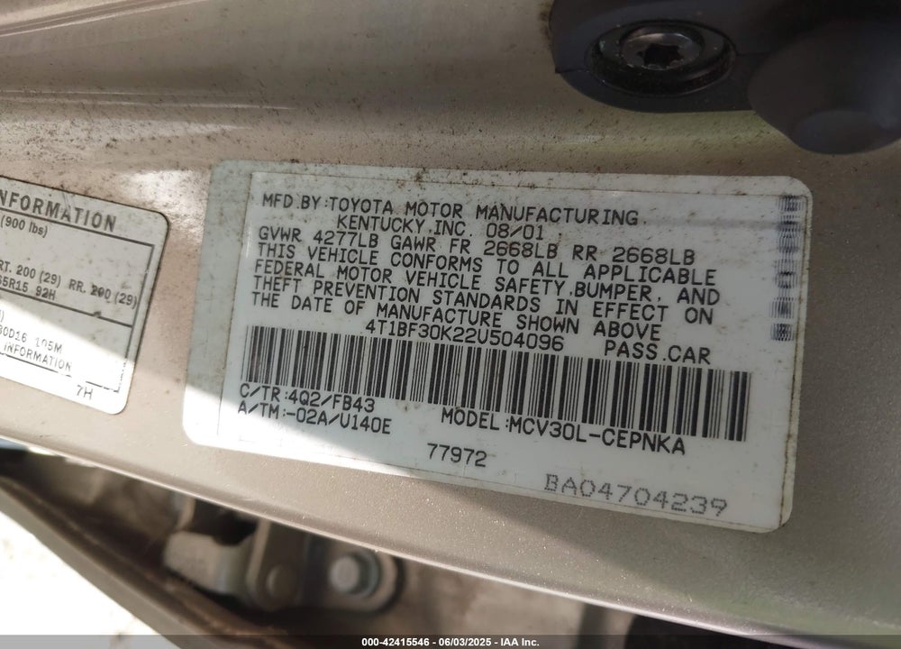 2002 TOYOTA CAMRY LE V6 VIN: 4T1BF30K22U504096