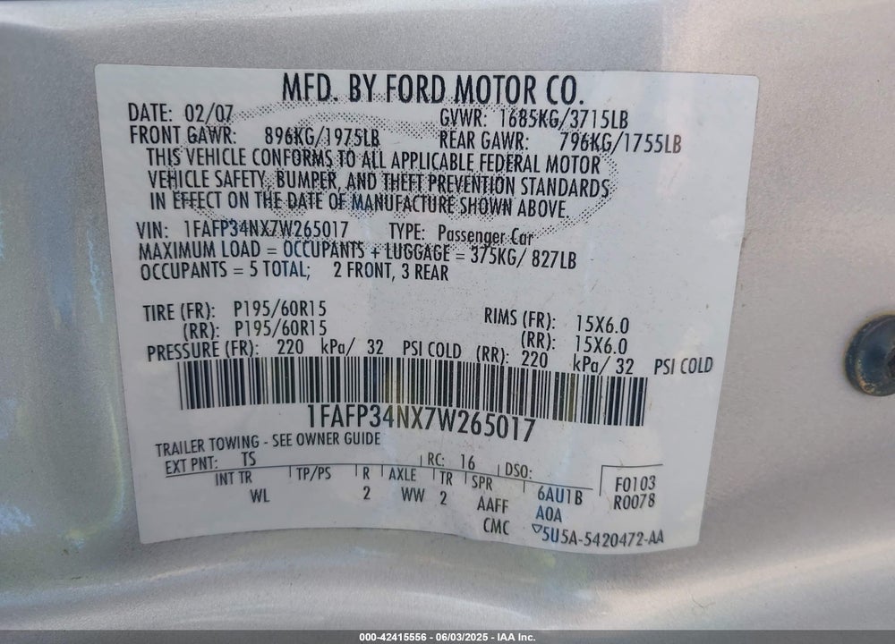2007 FORD FOCUS VIN: 1FAFP34NX7W265017