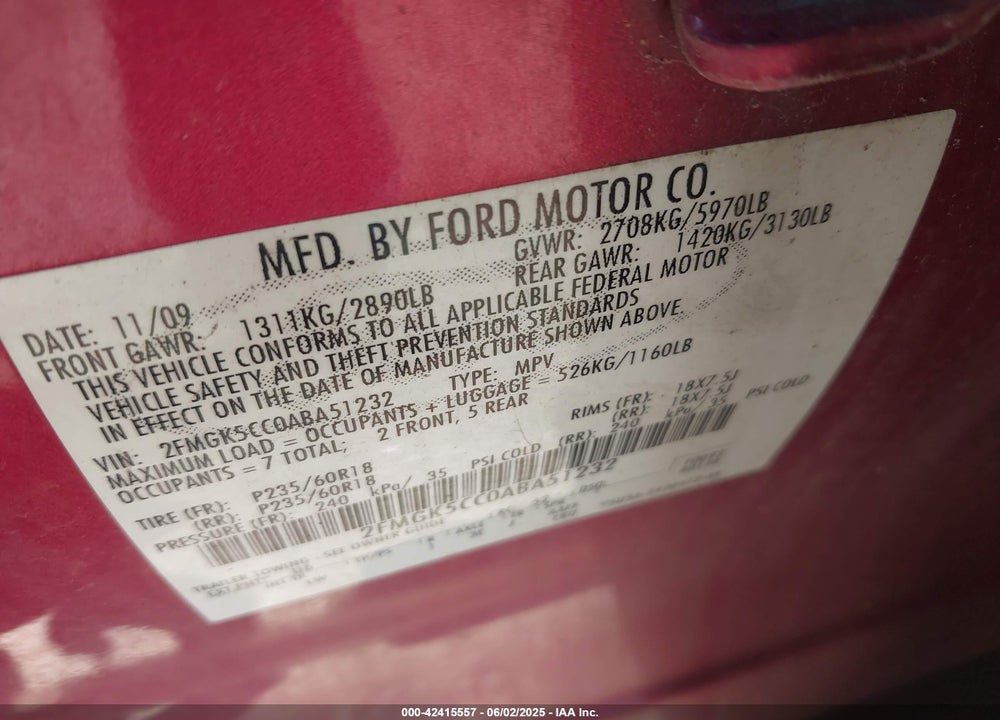 2010 FORD FLEX SEL VIN: 2FMGK5CC0ABA51232