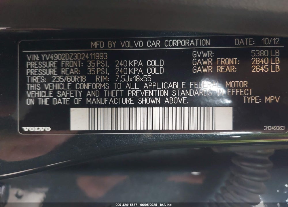 2013 VOLVO XC60 VIN: YV4902DZ3D2411993