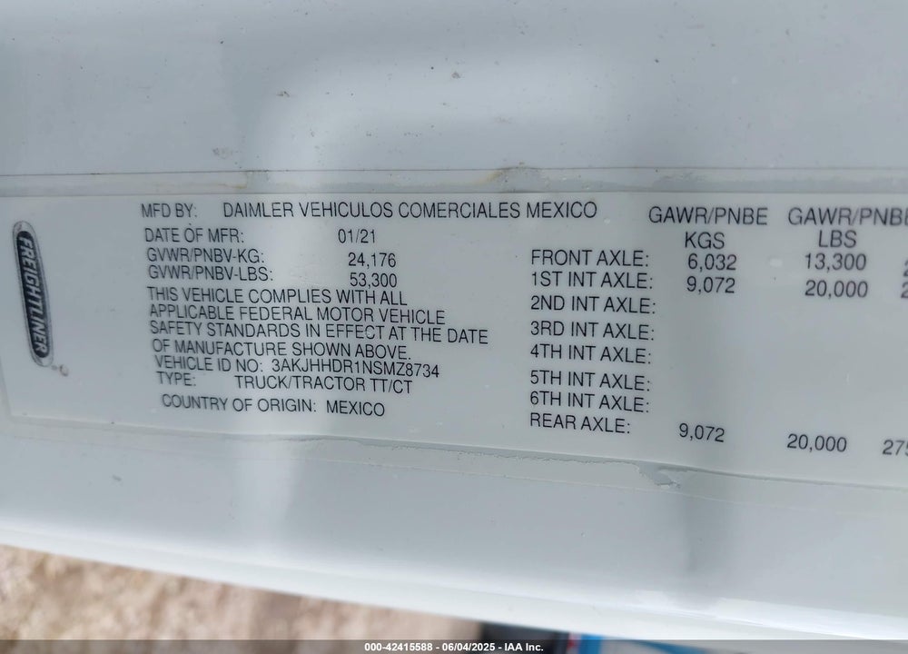 2022 FREIGHTLINER NEW CASCADIA 126 VIN: 3AKJHHDR1NSMZ8734