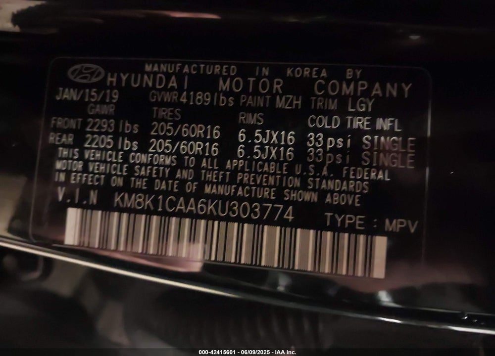 2019 HYUNDAI KONA VIN: KM8K1CAA6KU303774