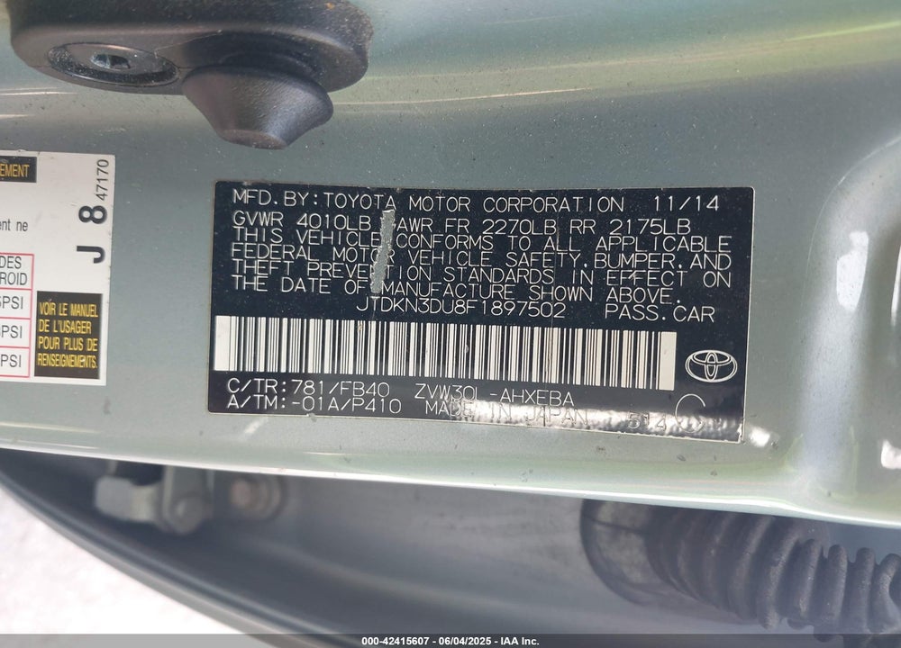 2015 TOYOTA PRIUS VIN: JTDKN3DU8F1897502