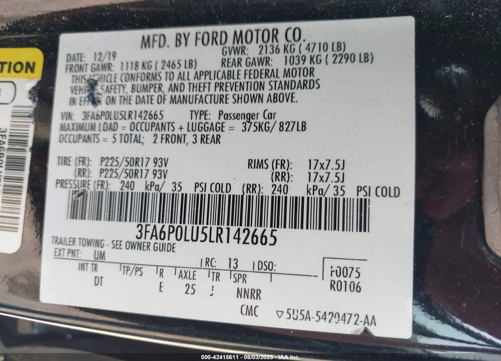 2020 FORD FUSION VIN: 3FA6P0LU5LR142665