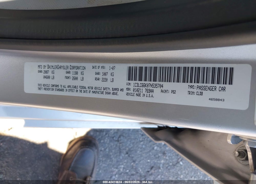 2007 CHRYSLER SEBRING LIMITED VIN: 1C3LC66K07N535704