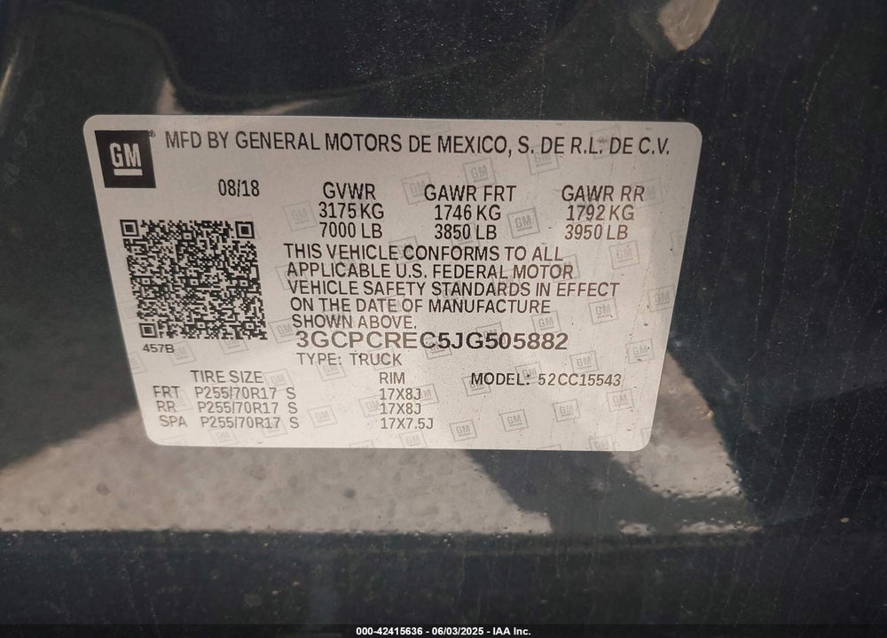 2018 CHEVROLET SILVERADO 1500 VIN: 3GCPCREC5JG505882