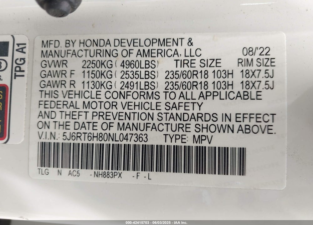 2022 HONDA CR-V VIN: 5J6RT6H80NL047363