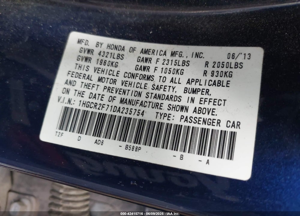 2013 HONDA ACCORD VIN: 1HGCR2F71DA235754