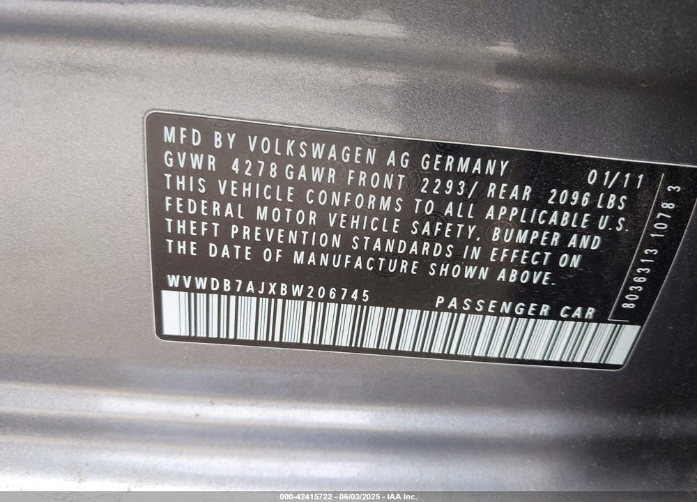 2011 VOLKSWAGEN GOLF 2.5L 4-DOOR VIN: WVWDB7AJXBW206745