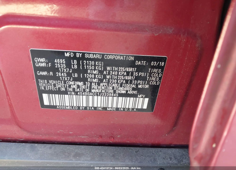 2018 SUBARU OUTBACK VIN: 4S4BSACC1J3339845