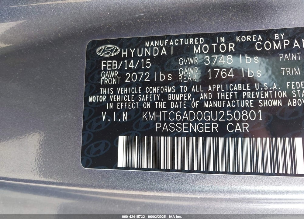 2016 HYUNDAI VELOSTER VIN: KMHTC6AD0GU250801