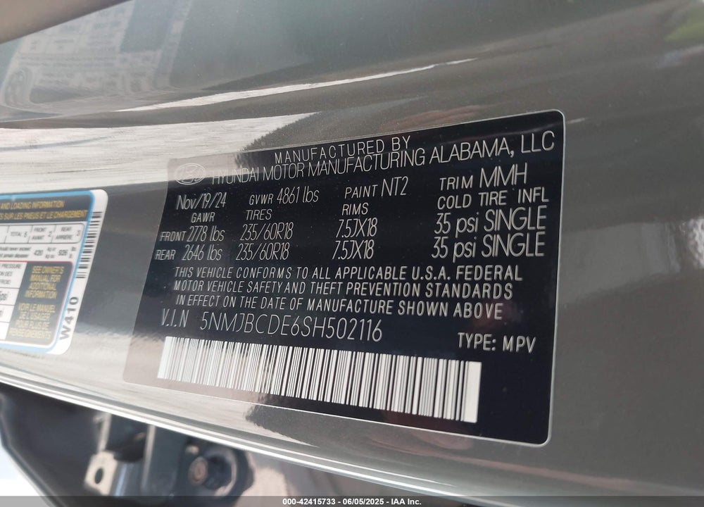2025 HYUNDAI TUCSON SEL VIN: 5NMJBCDE6SH502116