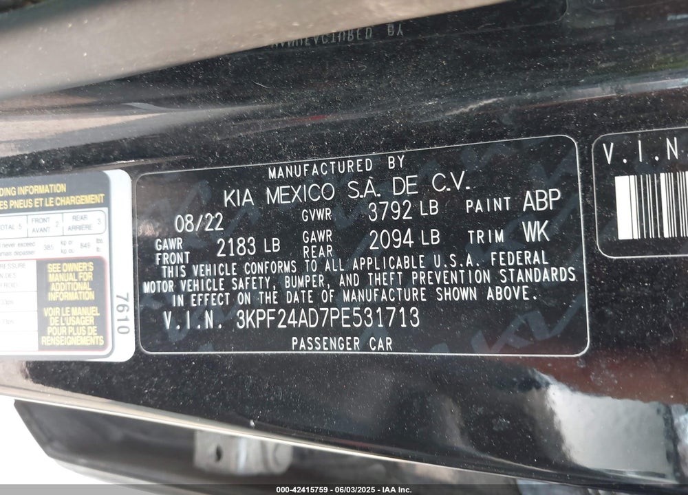 2023 KIA FORTE VIN: 3KPF24AD7PE531713