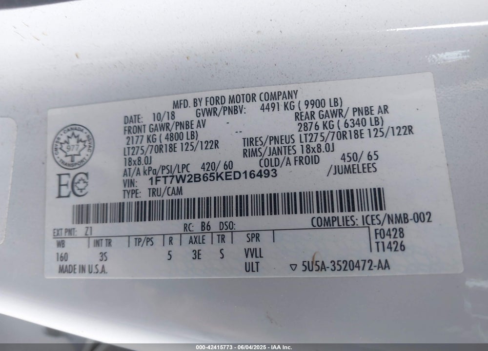 2019 FORD F-250 VIN: 1FT7W2B65KED16493