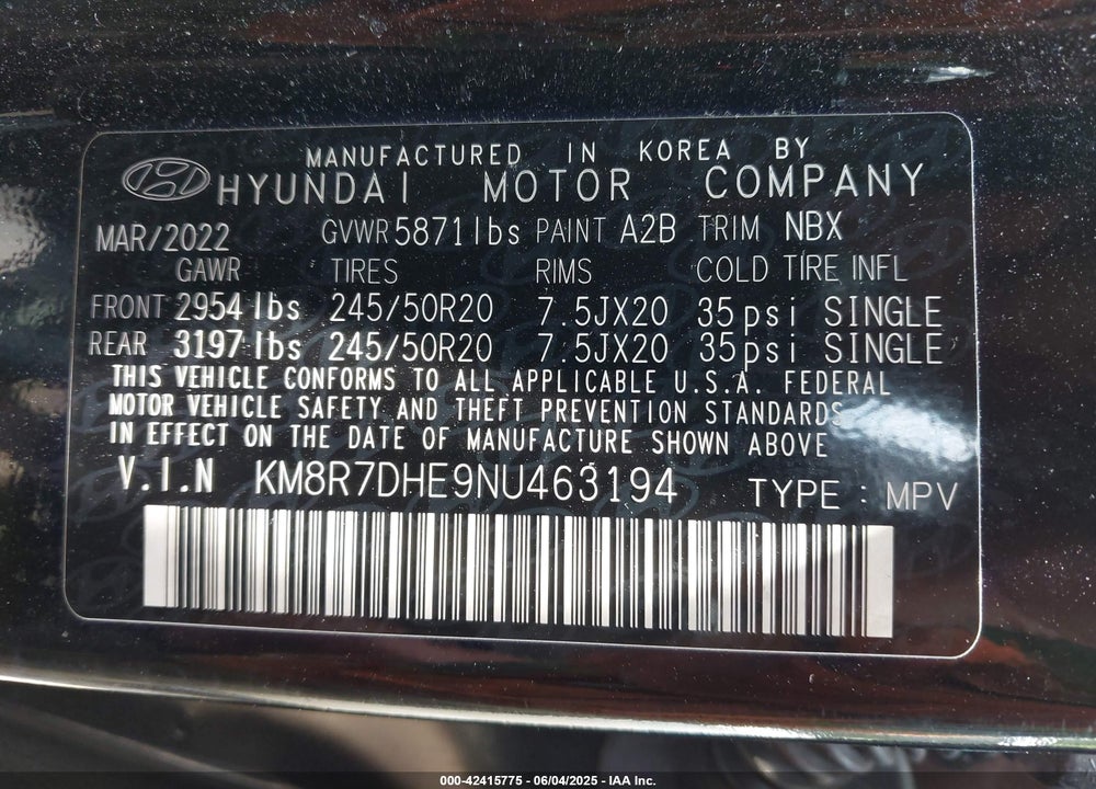2022 HYUNDAI PALISADE CALLIGRAPHY VIN: KM8R7DHE9NU463194