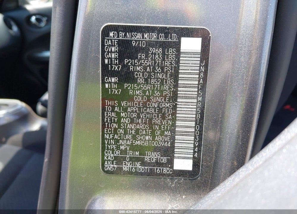 2011 NISSAN JUKE SV VIN: JN8AF5MR5BT003944