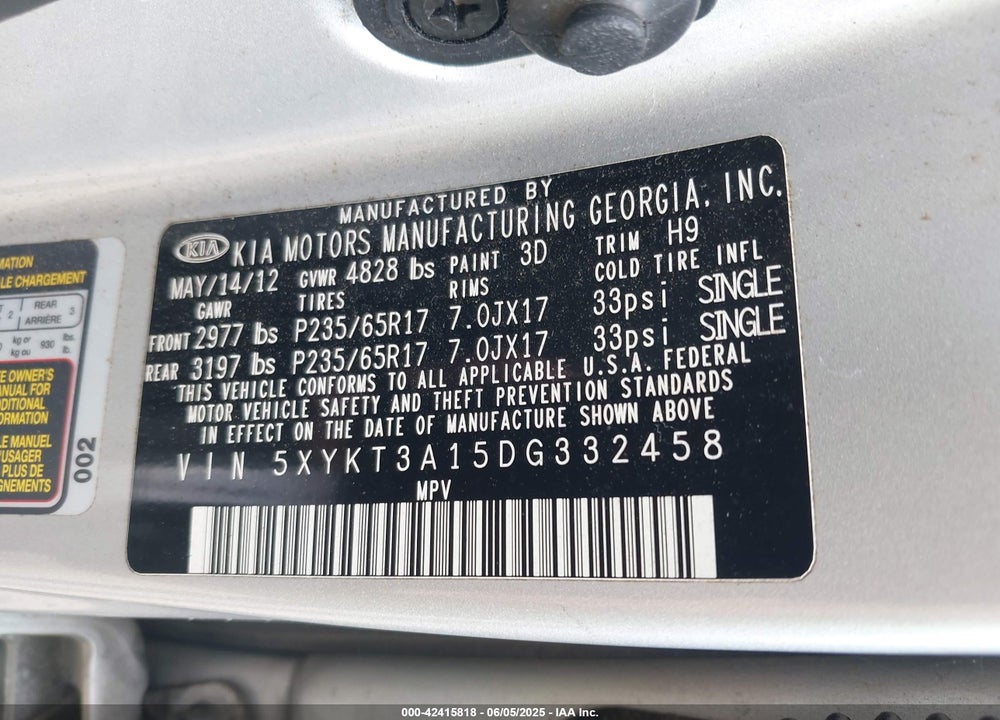 2013 KIA SORENTO LX VIN: 5XYKT3A15DG332458