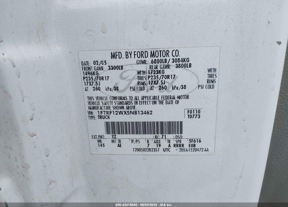 2005 FORD F-150 STX/XL/XLT VIN: 1FTRF12WX5NB13462