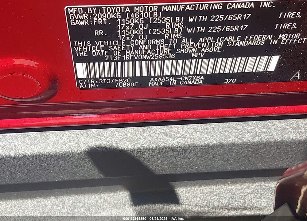 2022 TOYOTA RAV4 VIN: 2T3F1RFV0NW258536