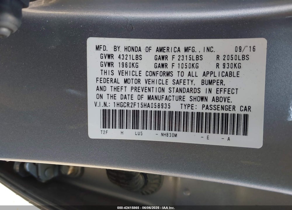2017 HONDA ACCORD VIN: 1HGCR2F15HA058935