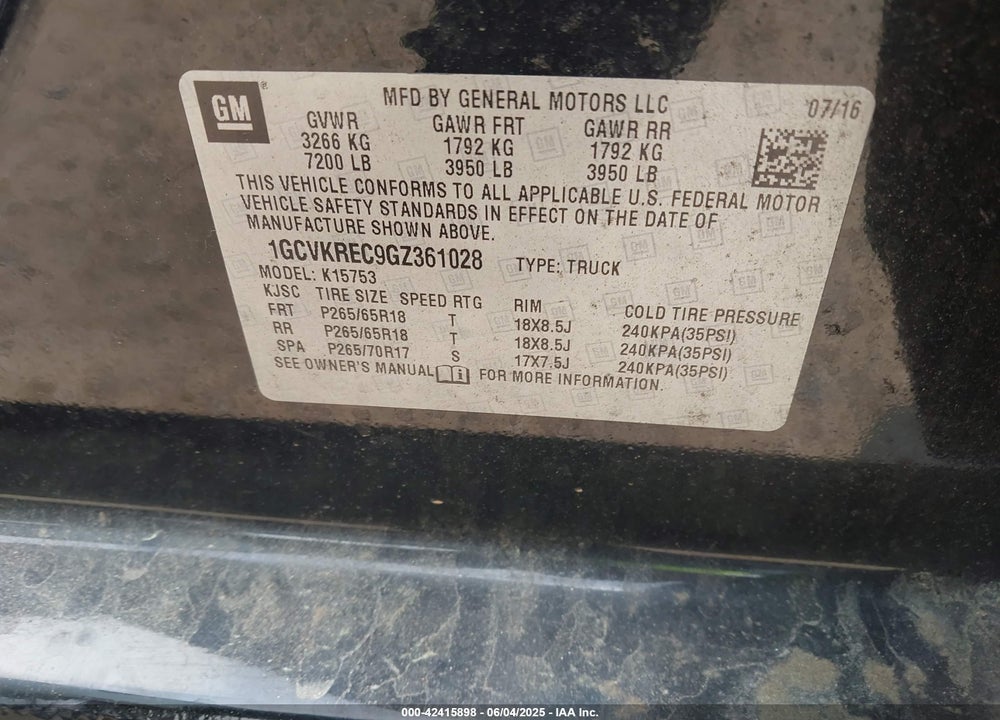 2016 CHEVROLET SILVERADO 1500 VIN: 1GCVKREC9GZ361028