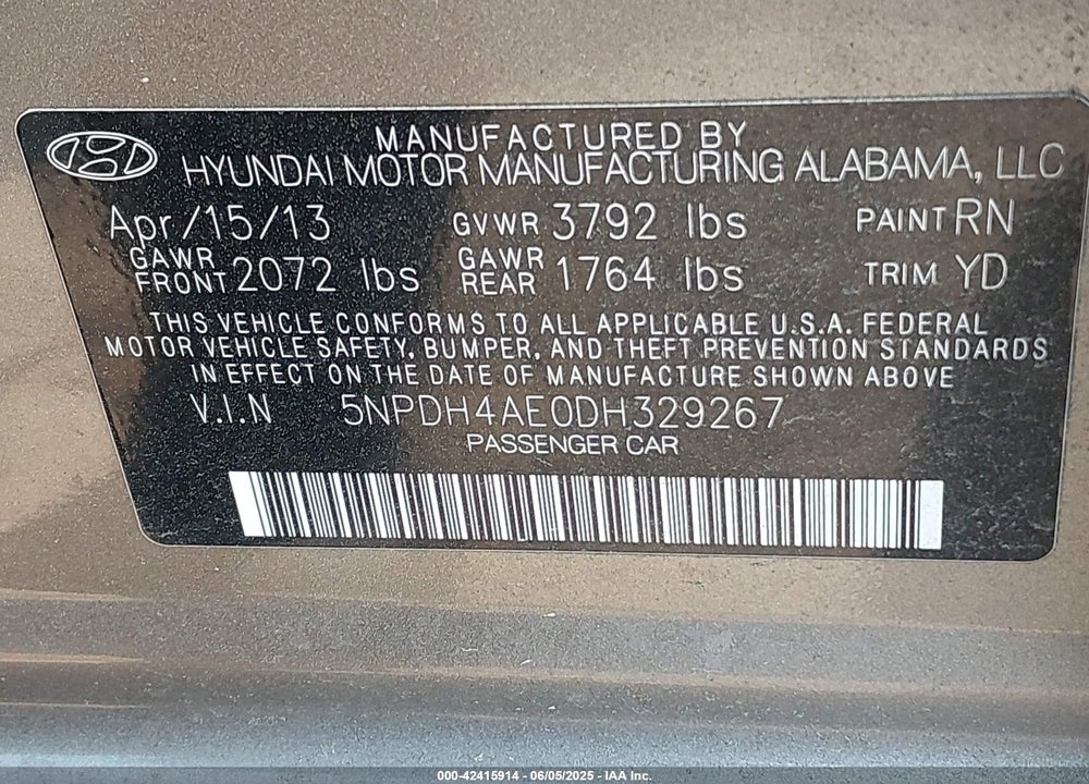 2013 HYUNDAI ELANTRA VIN: 5NPDH4AE0DH329267
