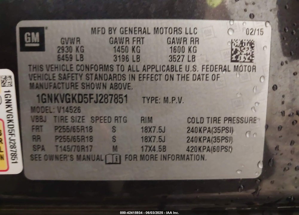 2015 CHEVROLET TRAVERSE VIN: 1GNKVGKD5FJ287851