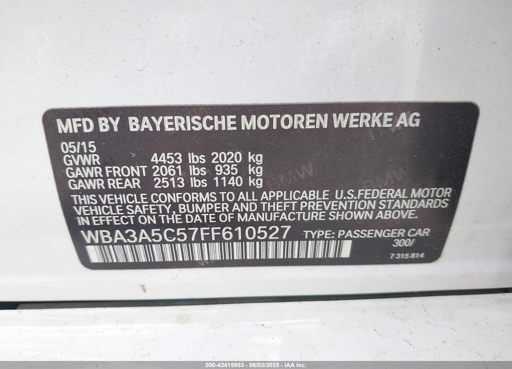 2015 BMW 328I VIN: WBA3A5C57FF610527