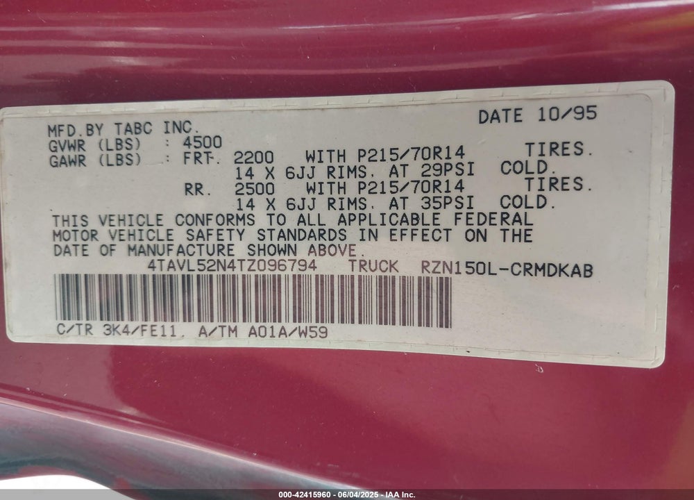 1996 TOYOTA TACOMA XTRACAB VIN: 4TAVL52N4TZ096794