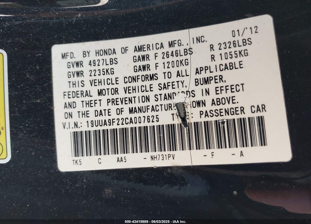2012 ACURA TL VIN: 19UUA9F22CA007625