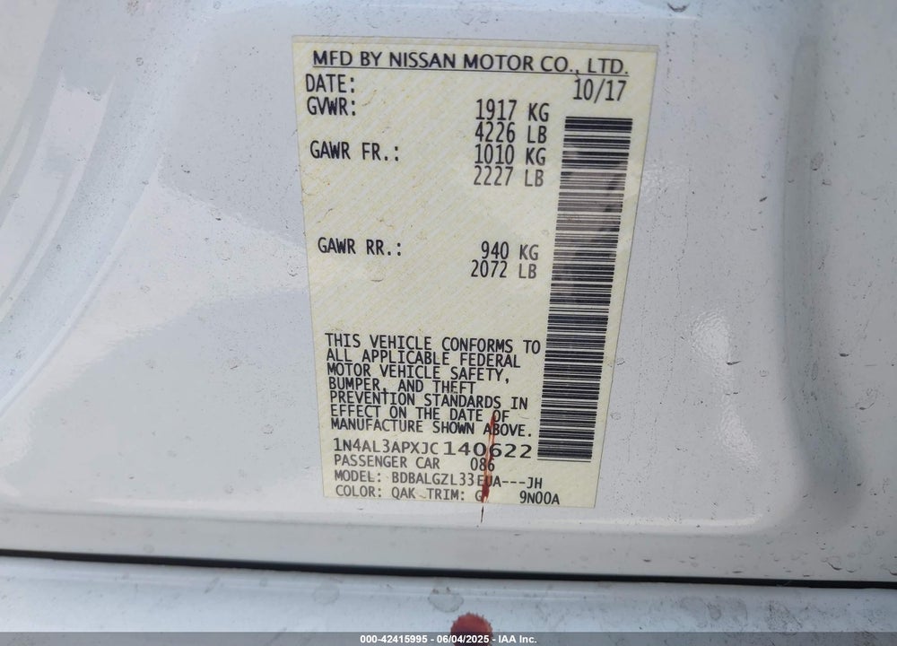 2018 NISSAN ALTIMA 2.5 S VIN: 1N4AL3APXJC140622