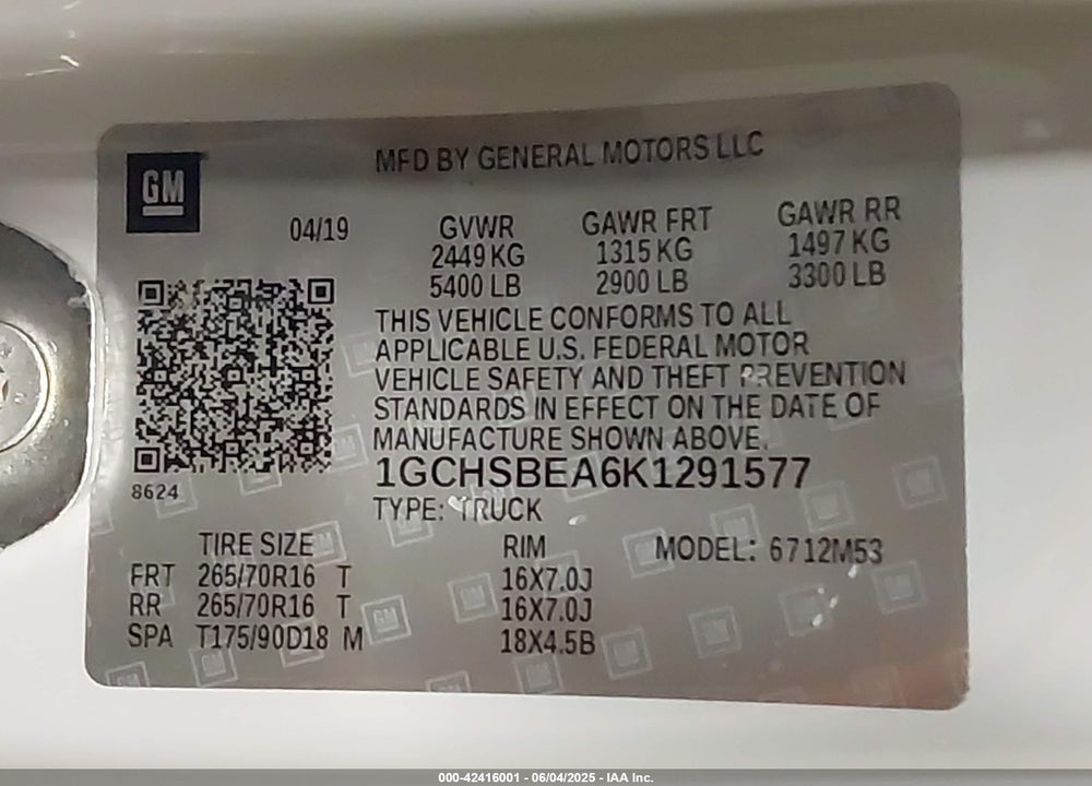 2019 CHEVROLET COLORADO WT VIN: 1GCHSBEA6K1291577