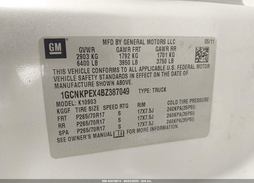 2011 CHEVROLET SILVERADO 1500 VIN: 1GCNKPEX4BZ387049