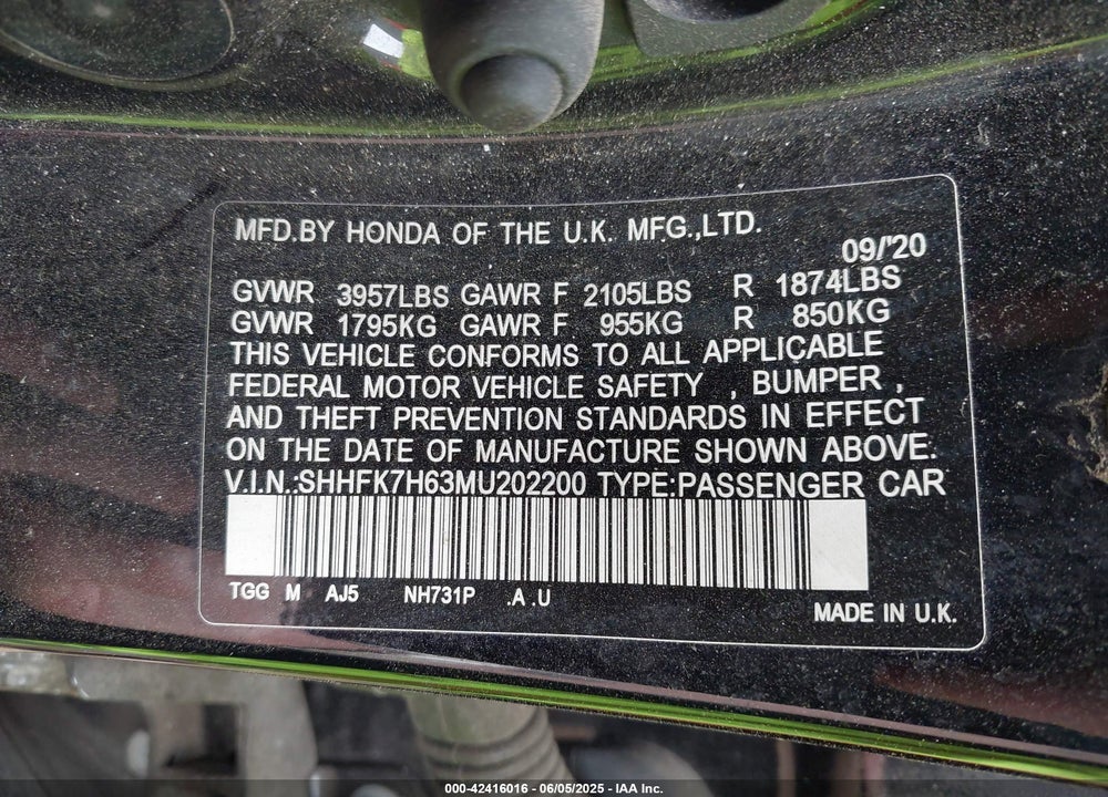2021 HONDA CIVIC VIN: SHHFK7H63MU202200