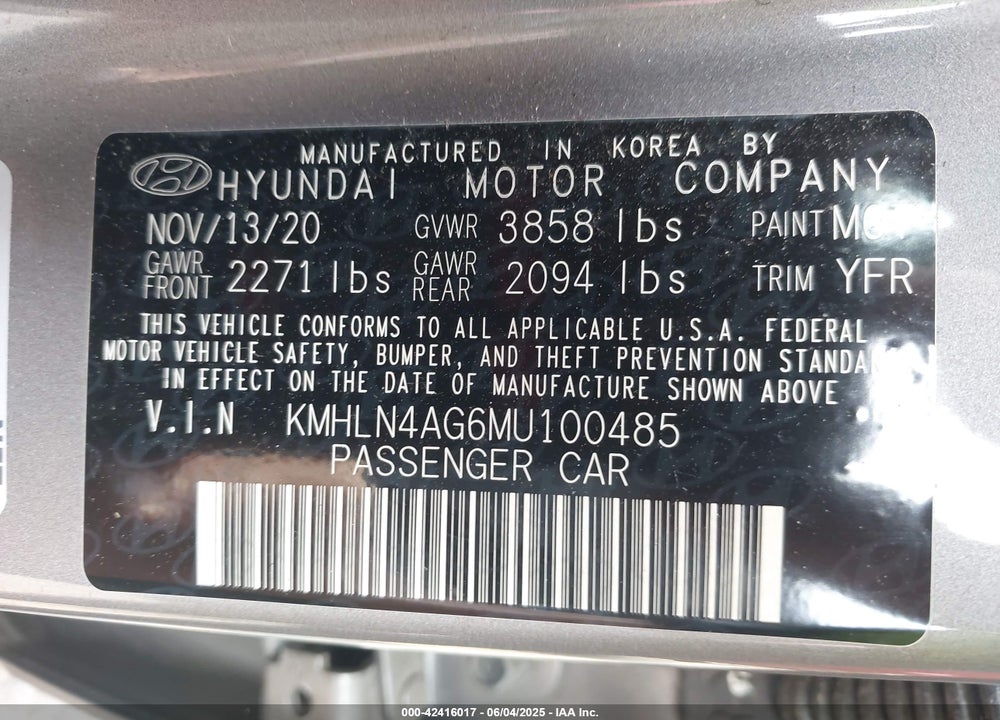 2021 HYUNDAI ELANTRA VIN: KMHLN4AG6MU100485