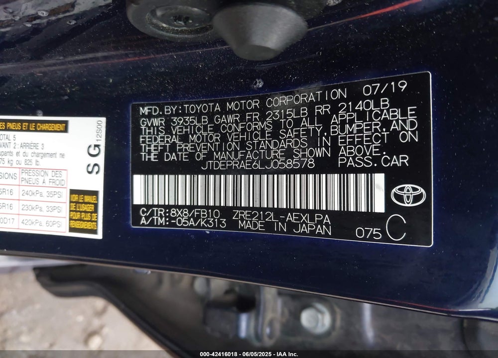 2020 TOYOTA COROLLA VIN: JTDEPRAE6LJ058578