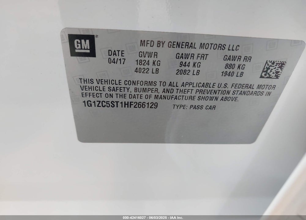 2017 CHEVROLET MALIBU VIN: 1G1ZC5ST1HF266129