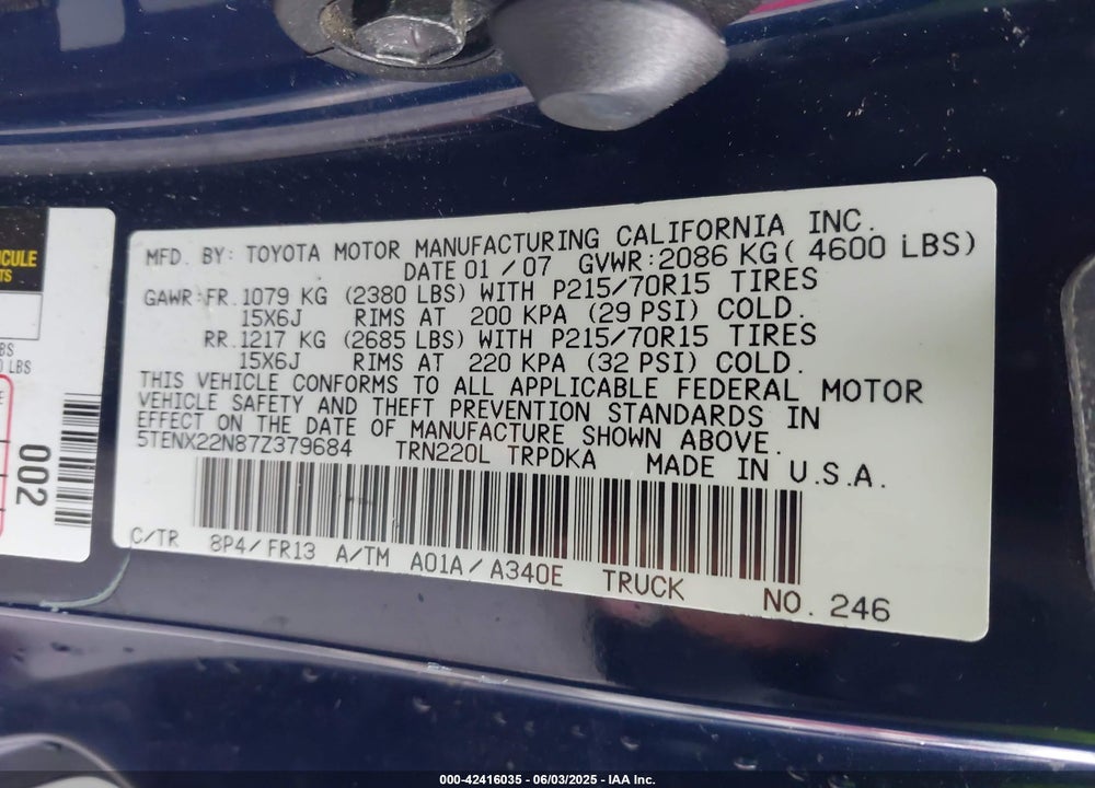 2007 TOYOTA TACOMA VIN: 5TENX22N87Z379684