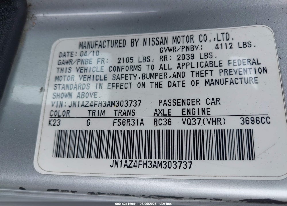 2010 NISSAN 370Z TOURING VIN: JN1AZ4FH3AM303737