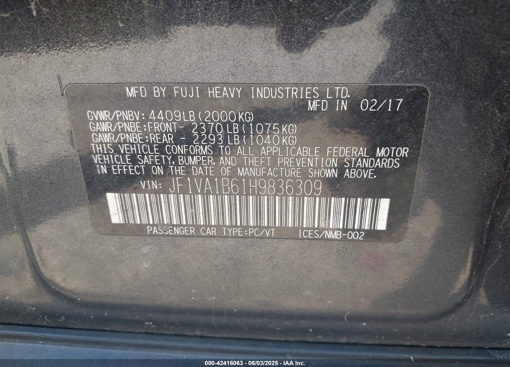 2017 SUBARU WRX VIN: JF1VA1B61H9836309