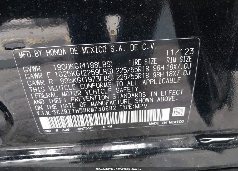 2024 HONDA HR-V VIN: 3CZRZ1H58RM730682